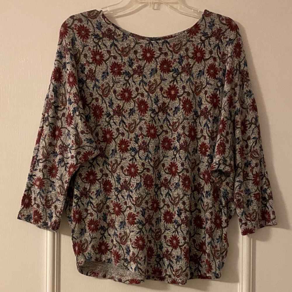 Bobeau Burgundy and Blue Floral Top on light grey.